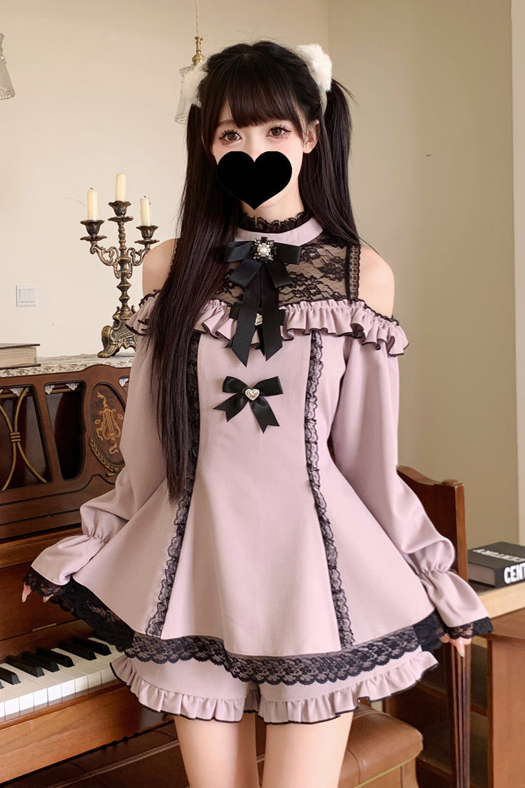 Sweet Off Shoulder Halterneck Long Sleeve Ruffled Bow Lace Jirai Kei Dress Shorts Set