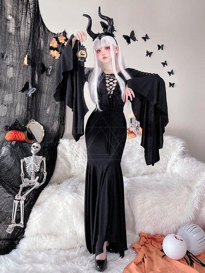 Halloween Costume Black Wide Bat Sleeves Witch Dress