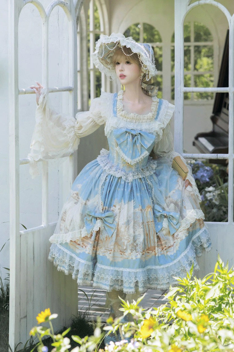 Unicorn Print Sleeveless Multi-Layer Embroidery Bow Lace Sweet Lolita Jumper Gown