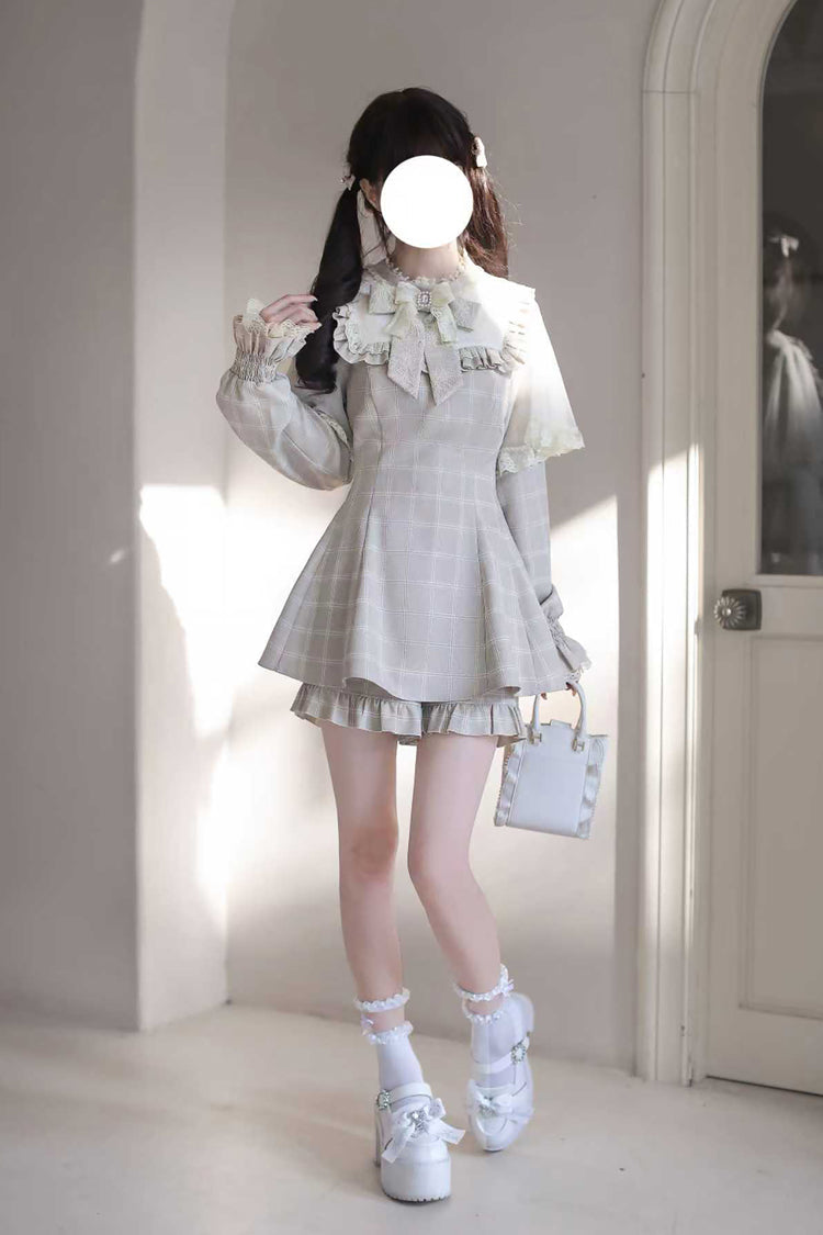 Light Brown Long Sleeve Plaid Print Ruffled Bow Jirai Kei Dress