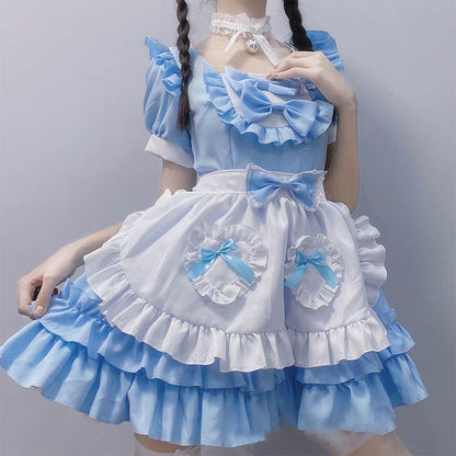 Kawaii Blue Lace Up Bow Maid Lolita Dress