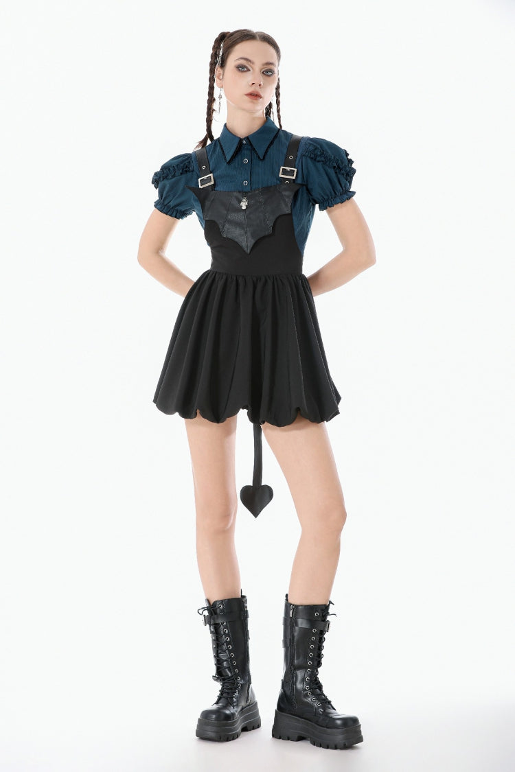 Gothic Suspender Dress with Bat Wing Buckles and Tail for Graduation