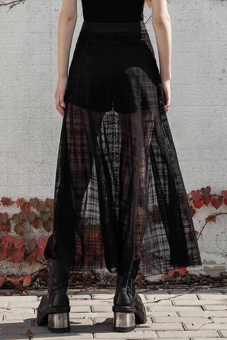 Punk Skirt for Women in Black with Metal Eyelets, Lace-Up & Slit Mesh Hem
