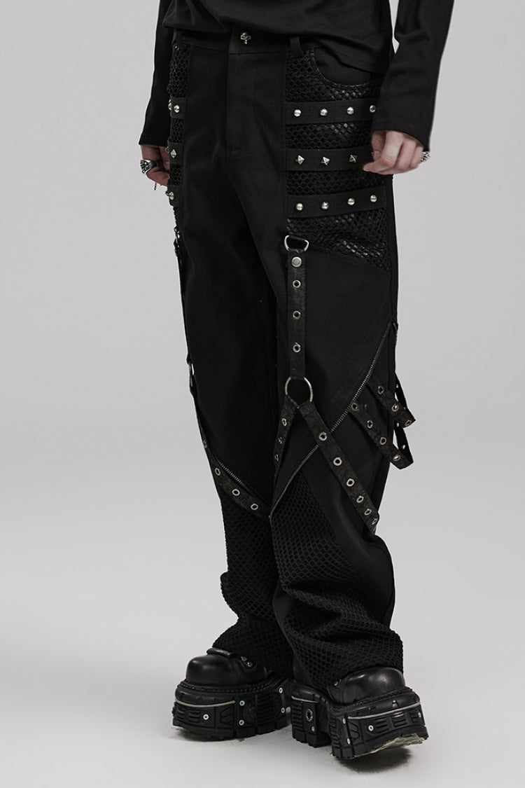 Steampunk Men's Pants with Rivets and Mesh - Cracked Leather - Two Shades