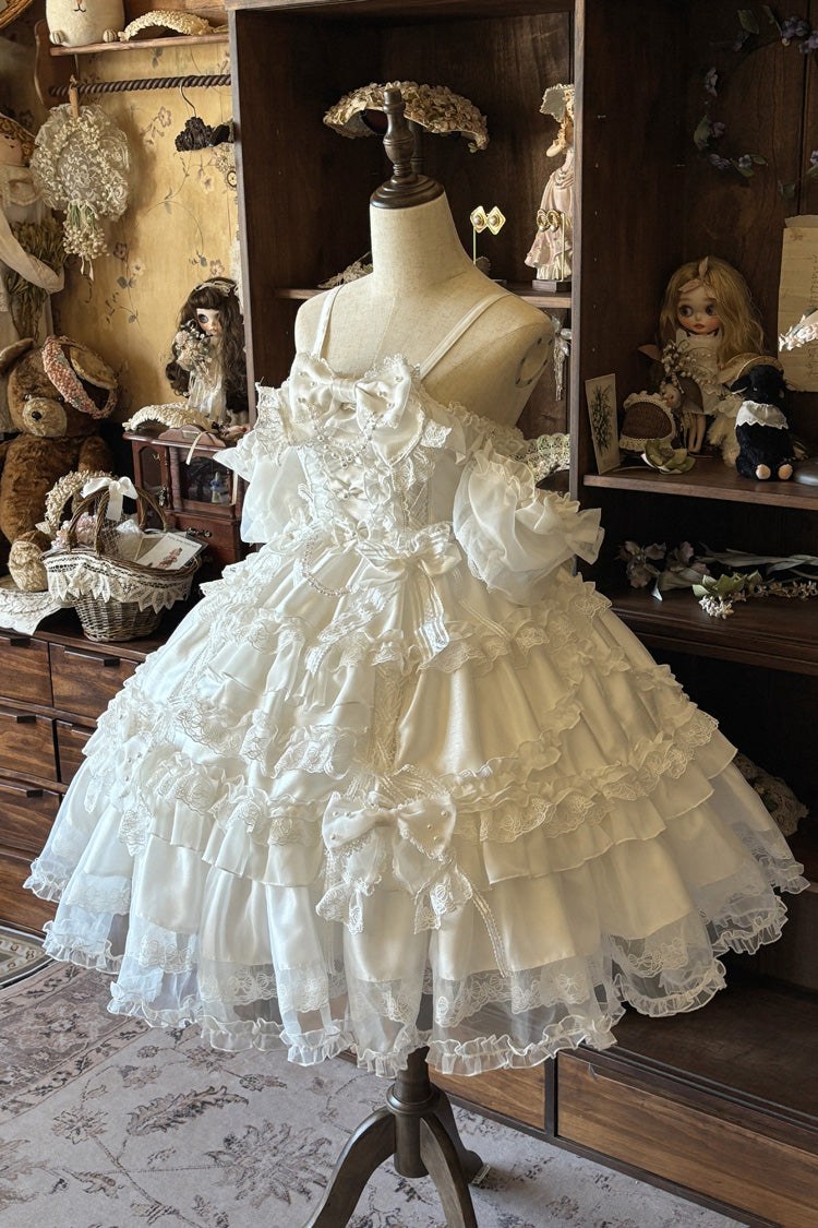 White [Spring Cherry Snowfall] Off Shoulder Short Sleeves Multi-Layered Ruffled Bow Sweet Lolita Jsk Dress