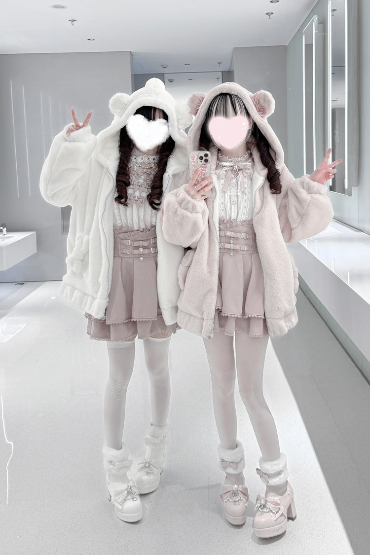Bear Ears Long Sleeves Bow Lace-Up Hooded Zippered Sweet Jirai Kei Coat