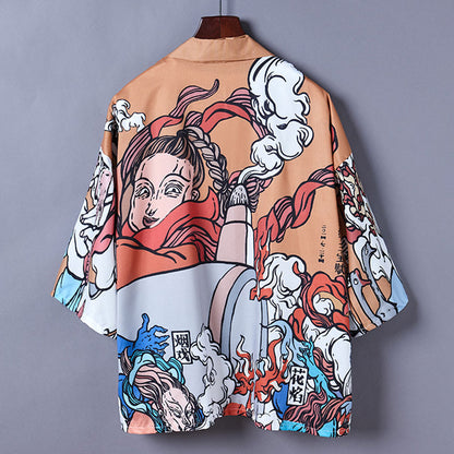 Cartoon Fire Print Casual Vintage Kimono Outerwear