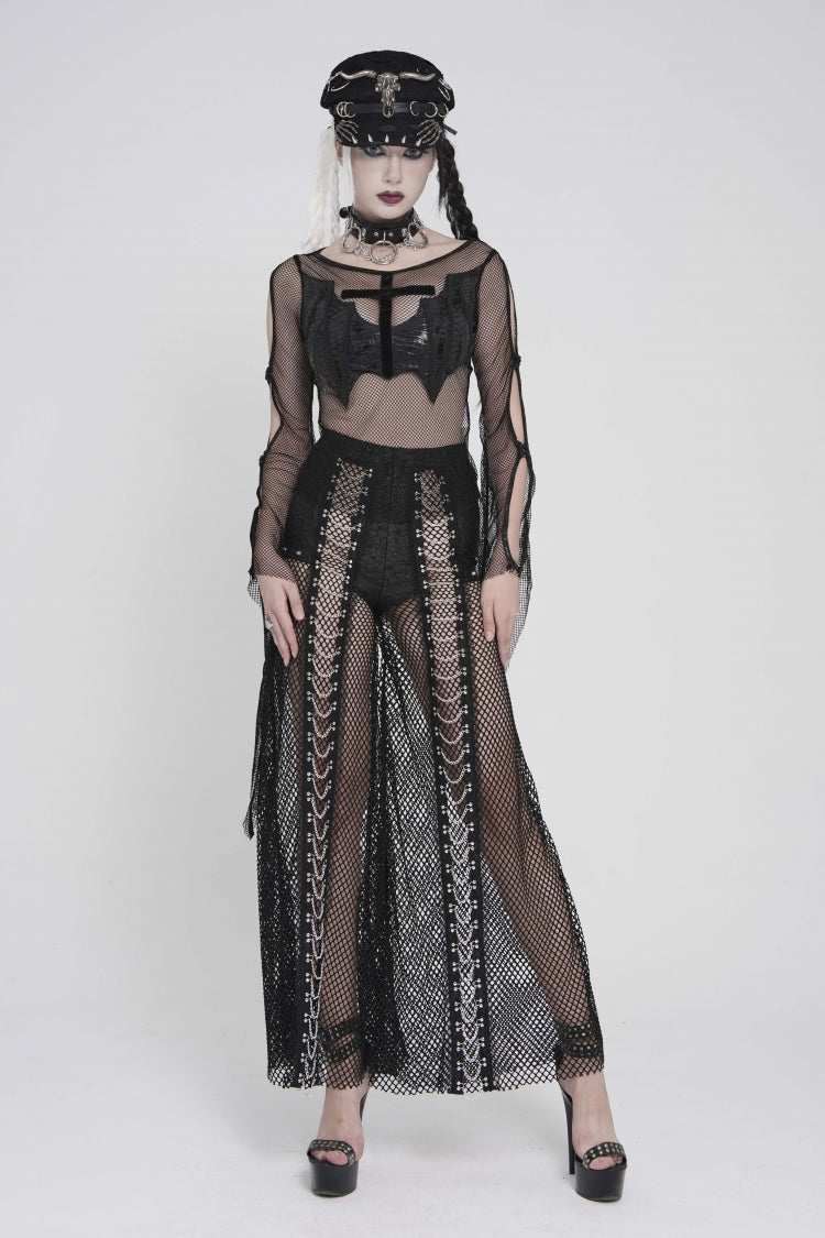 Noir Punk Trousers with Mesh Panels and Metal Studs