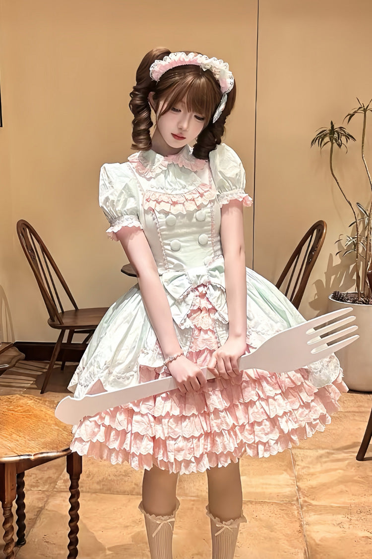 Pink Green Honeydew Melon Short Sleeve Layered Ruffle Bow Sweet Dress