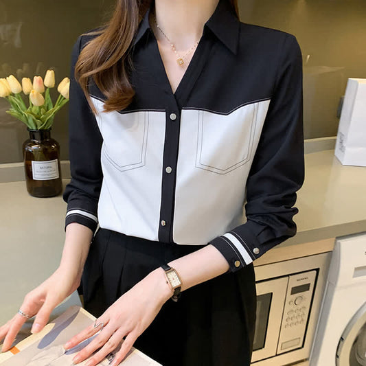 Elegant Colorblock Chiffon Shirt Workwear