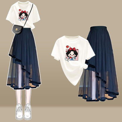 Cartoon Bow Print T-Shirt Irregular Tulle SKirt Set