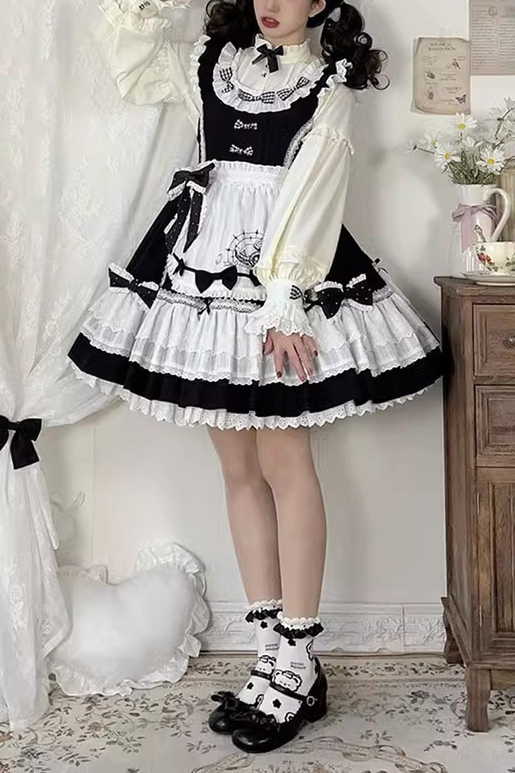 Monochrome Alice-Inspired Sweet Lolita JSK with Ruffled Square Collar