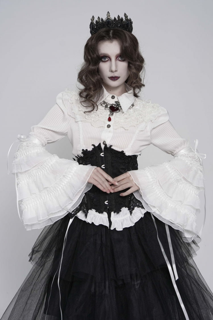 Ivory Slim Fit Women's Gothic Blouse with Trumpet Sleeves and Lace-Up
