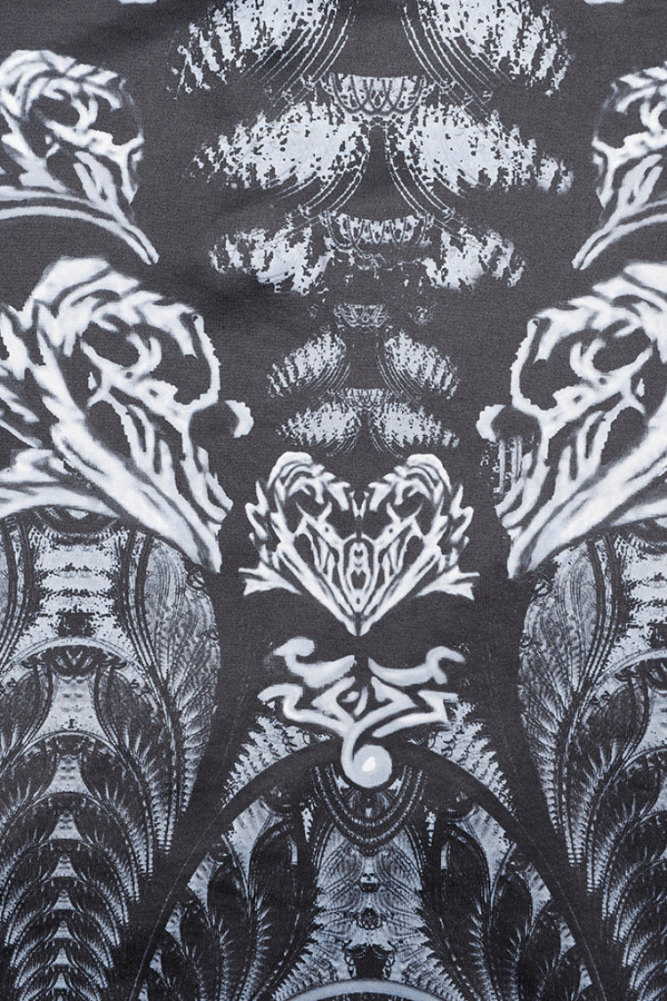 Black Printed Lace-Up Side Slit Gothic Gown with Chain