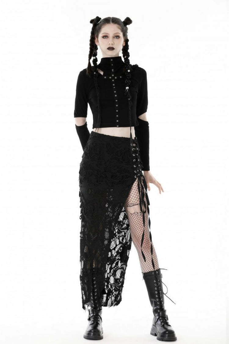 Raven Cross Eyelet Cut-Out Punk Crop Top with Ripped Hood for Women