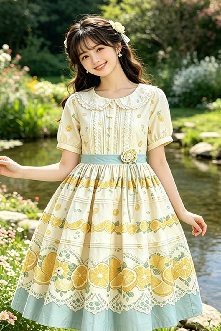 Yellow Doll Collar Short Sleeves Lemon Printed Plus Size Sweet Lolita Dress
