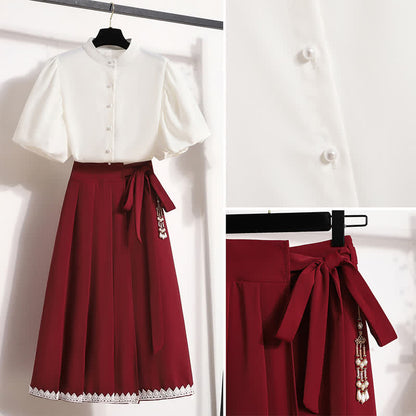 Elegant Pure Color Puff Sleeve T-Shirt Lace Up Pleated Skirt