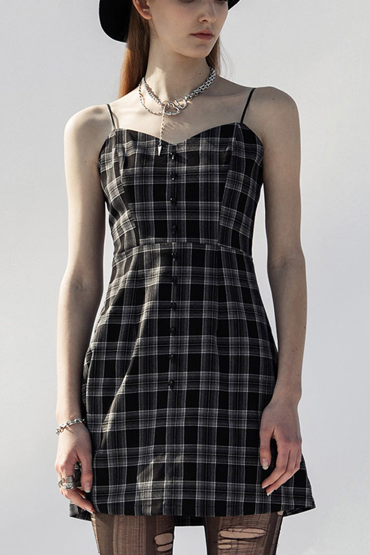 Monochrome Punk Suspender Dress with Plaid and Skull Studded Belt