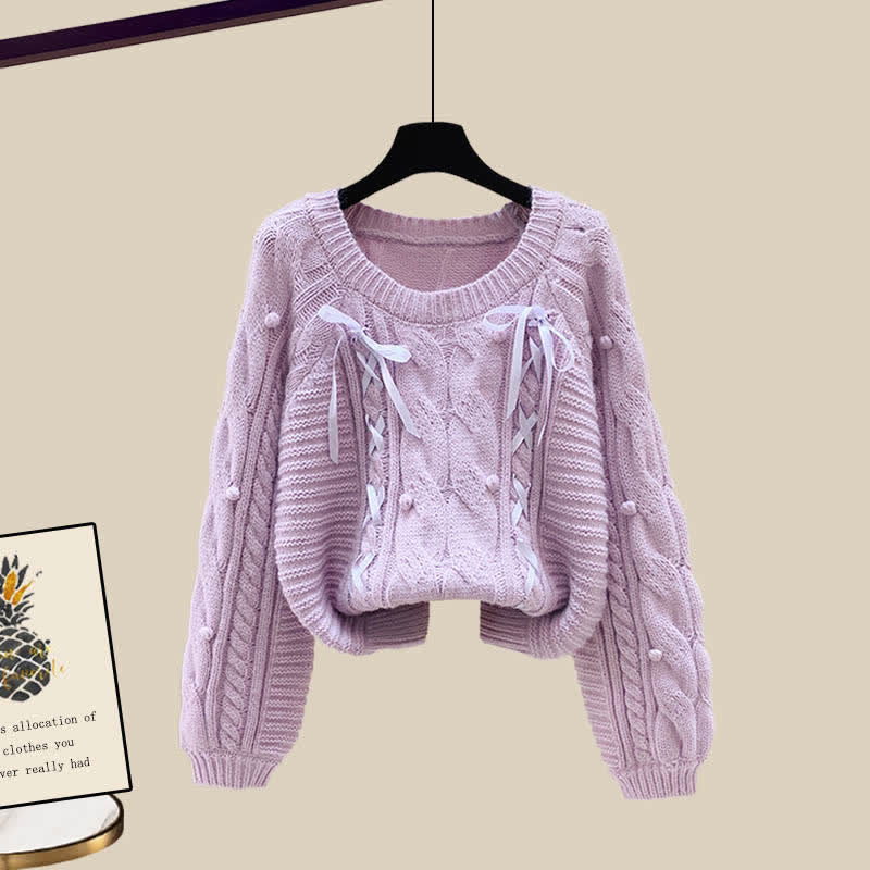 Pills Decor Cable Knit Sweater Skirt Set