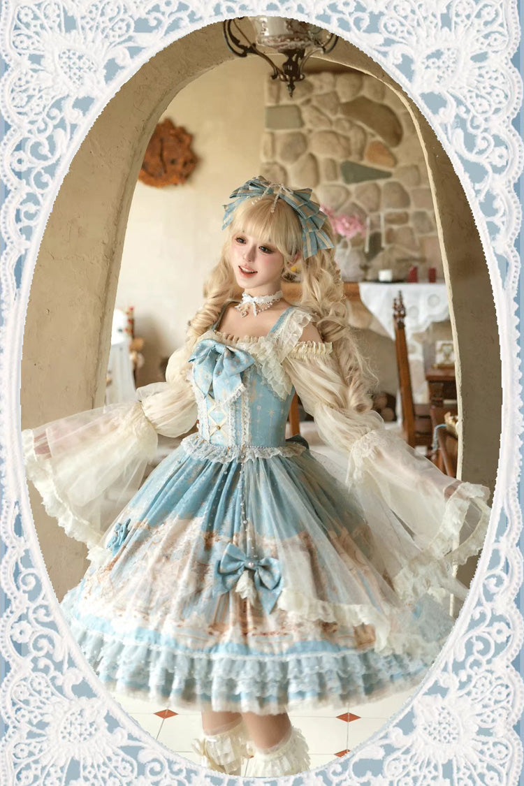 Unicorn Print Sleeveless Multi-Layer Embroidery Bow Lace Sweet Lolita Jumper Gown