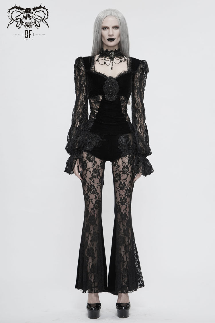Women's Gothic T-Shirt in Black with Decals, Lantern Sleeves, Lace Cuffs & Back Lace-Up Velvet Knit