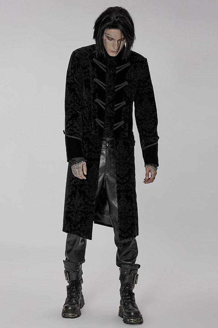 Velveteen Print Stand-Collar Lace-Trimmed Punk Long Coat