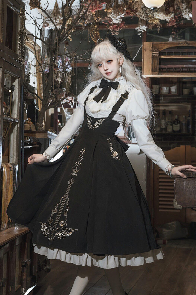 Black White Violin Variations Ruffled Embroidered Gothic Jumper Set