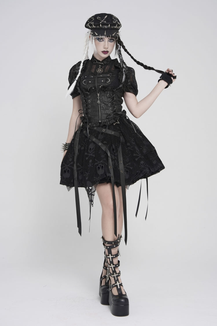 Gothic Swallow-Tail Vest for Her with Slim Zip & Lace-Up Bow
