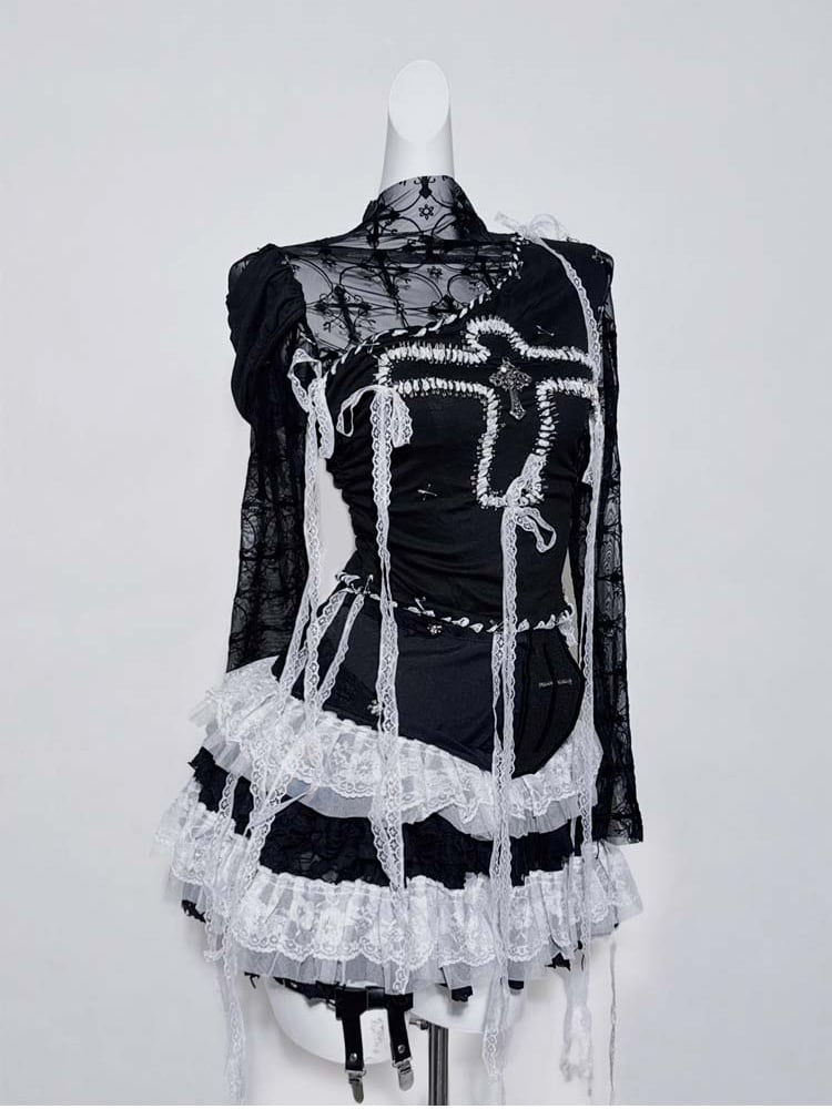 Gothic Black Illusion Lace Trim Cross Top