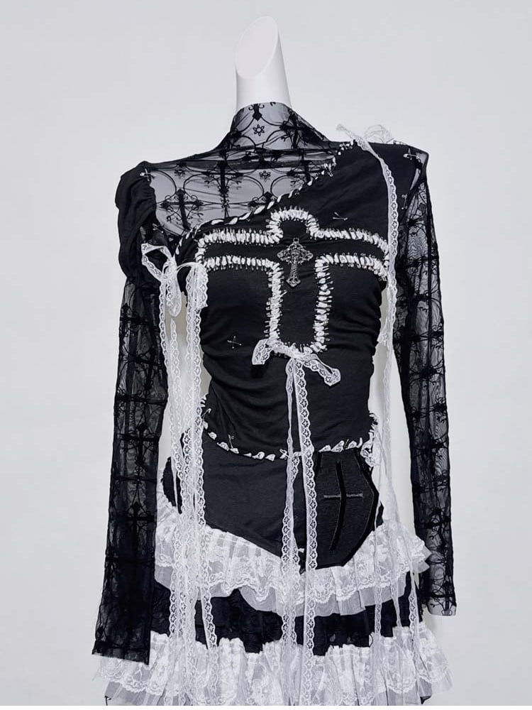 Gothic Black Illusion Lace Trim Cross Top