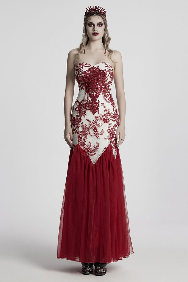 Crimson Off-Shoulder Embroidered Lace Slim Gothic Fishtail Gown
