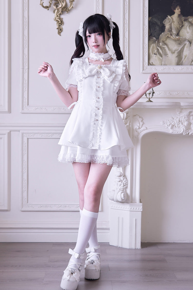 White Short Sleeve Ruffled Bow Gothic Jirai Kei Dress Set
