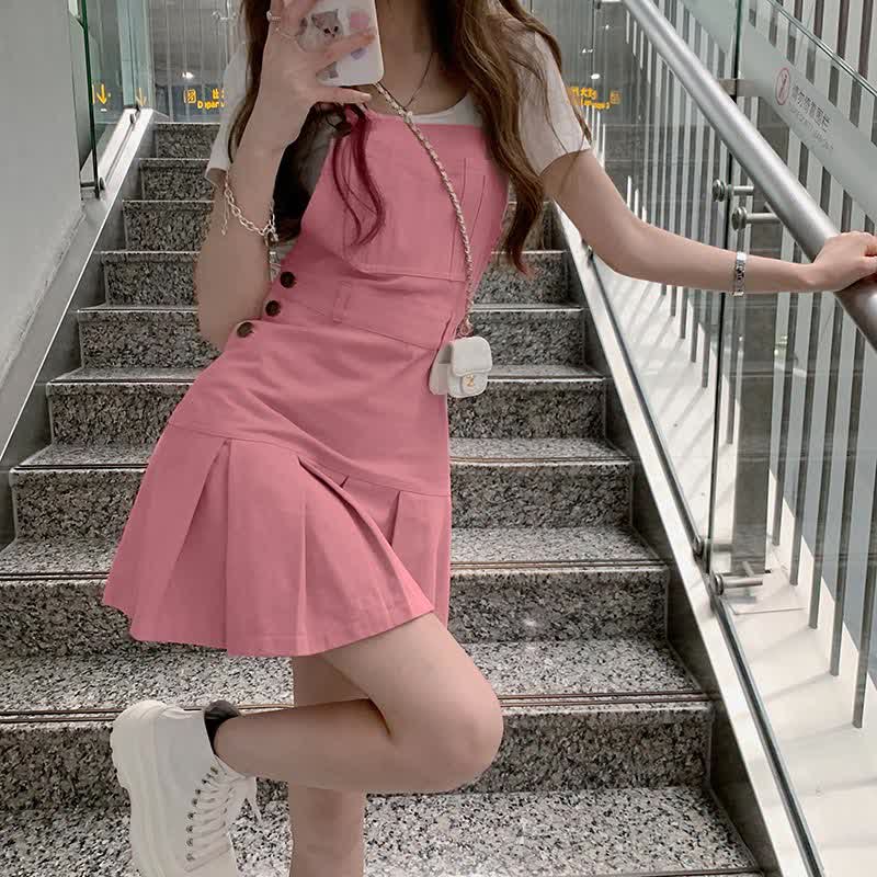 Sweet Irregular Shirt Pink Suspender Skirt