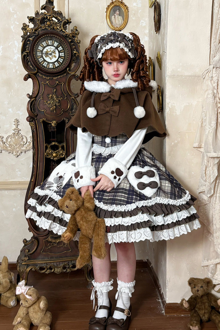 Brown Long Sleeves Triple-Layered Printed Ruffled Bow Sweet Lolita Jsk Dress Set
