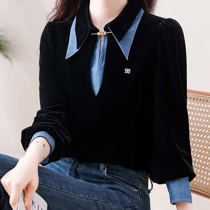 Black with Blue Collar Fake Lapel Shirt