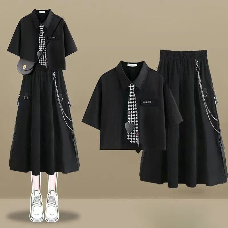 Love Heart Lattice Tie Polo T-Shirt Chain Cargo Skirt