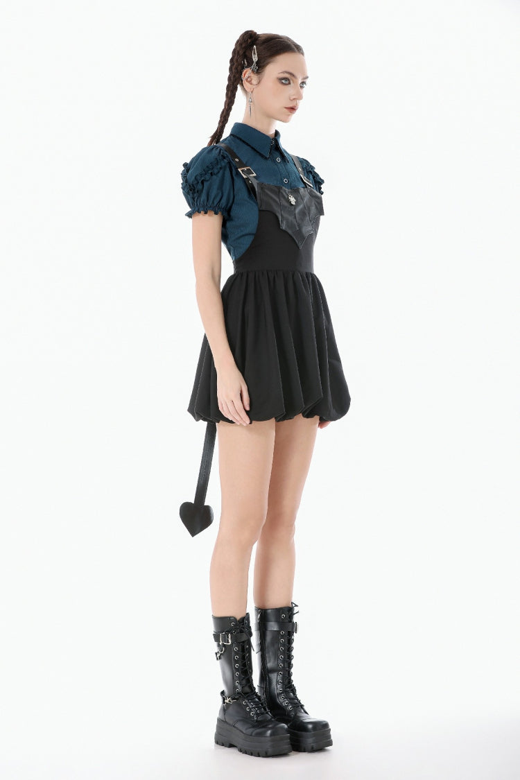 Gothic Suspender Dress with Bat Wing Buckles and Tail for Graduation