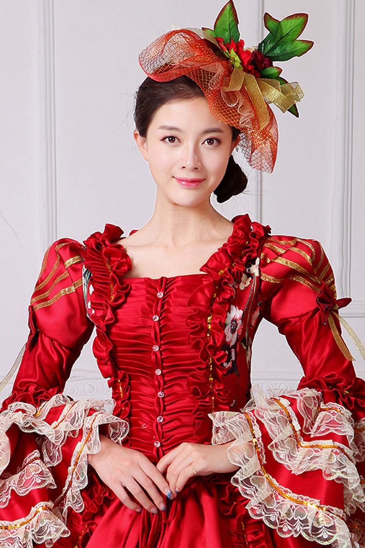 Victorian Lolita Prom Dress with Floral Print, Trumpet Sleeves, High Waist