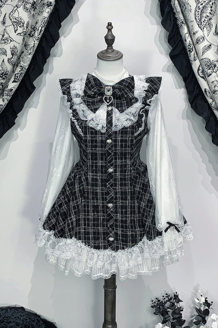 Plaid Printed Ruffled Bow Lace Sweet Jirai Kei Japanese Dress Shorts Set