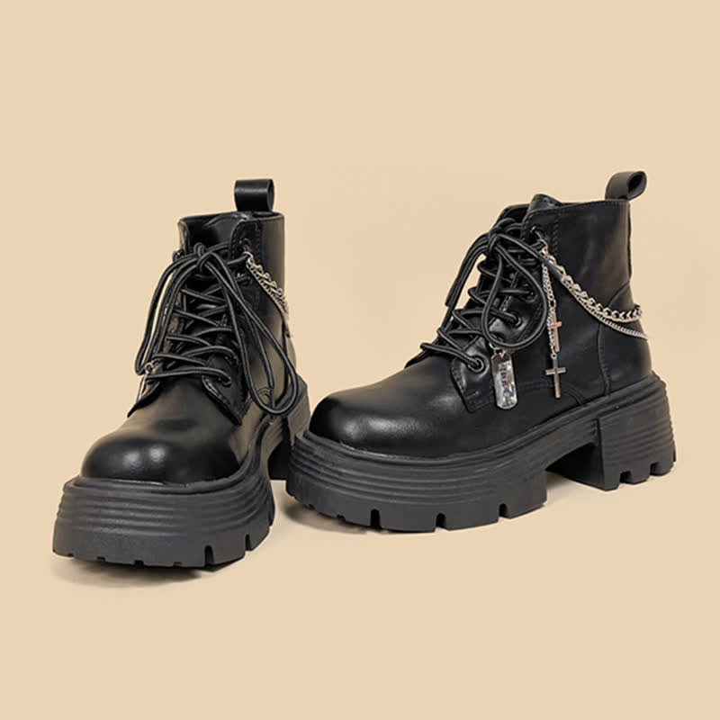 Cross Chain Decor Platform Round Toe Boots