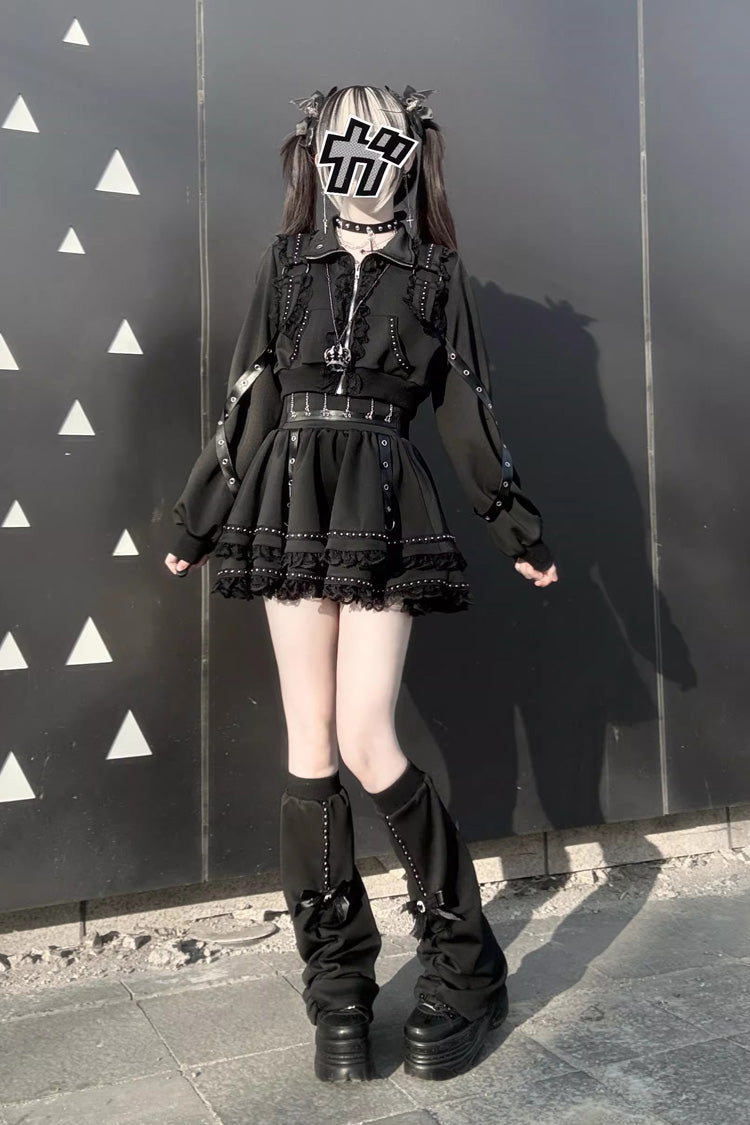 Ruffled Lace Zippered Gothic Jirai Kei Handsome Skirt Set