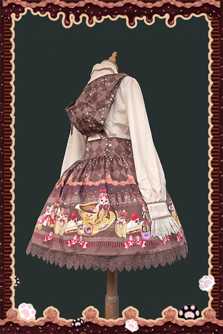 Hooded Strap Dress with Print and Bow in 3 Shades - Cream Meow