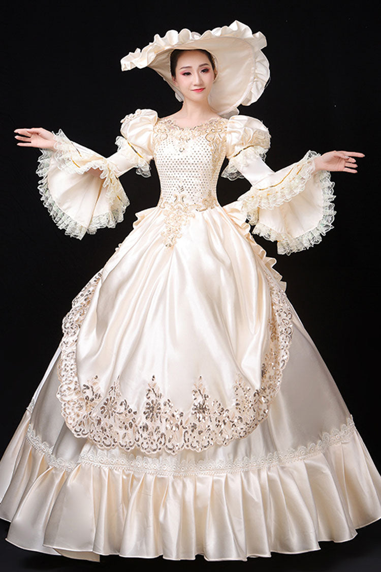 White Hime Sleeve Victorian Gown with Floral Decor - Court Style