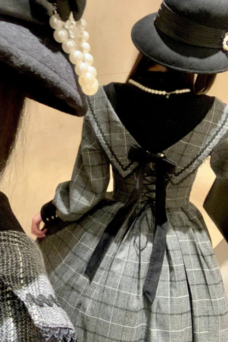 Ash Plaid Bowknot Elegant Sweet Lolita Gown with Long Sleeves