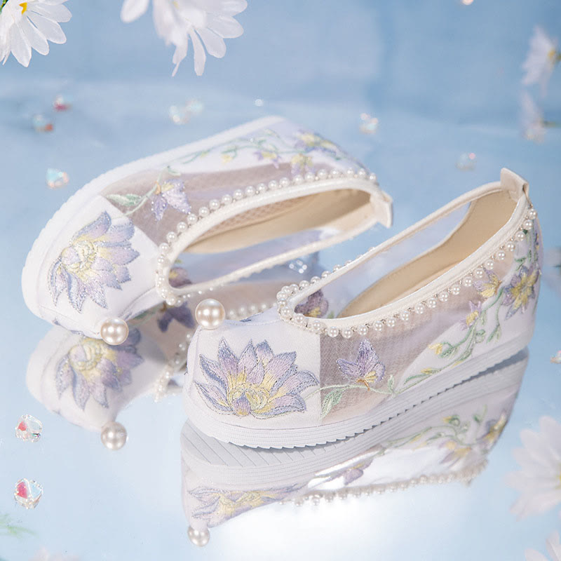 White Floral Embroidery Pearl Decor Mesh Shoes