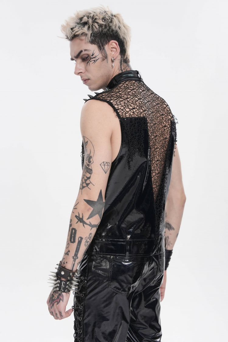 Noir Punk Vest with Chains, Studs, and Mesh Accents