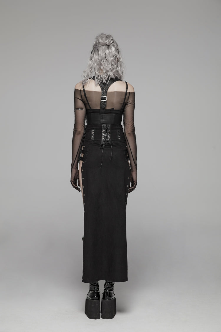 Steampunk Lace-Up Skirt with Sheer Panels and Metal Buckles