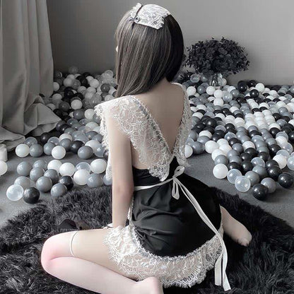 Cosplay Black Bow Maid Deep Lace Lingerie Dress