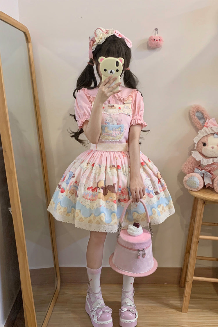 Party Print Bowknot Stitching Lace JSK Dress - Cream - Tri-Color
