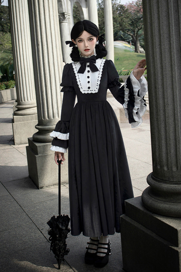 Black Sleepless Night Long Hime Sleeves Ruffle Bow Gothic Dress